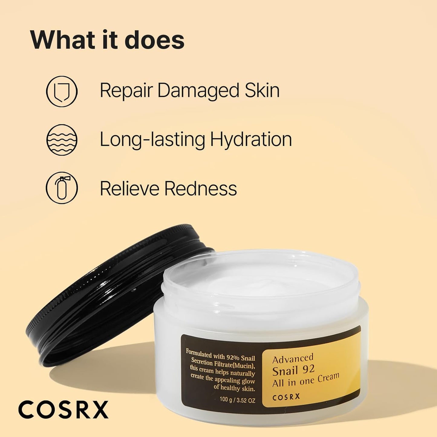 Snail Mucin 92% Moisturizing Cream - 3.52 Oz Lightweight Hydrating Formula for Radiant Skin, Korean Skincare Solution