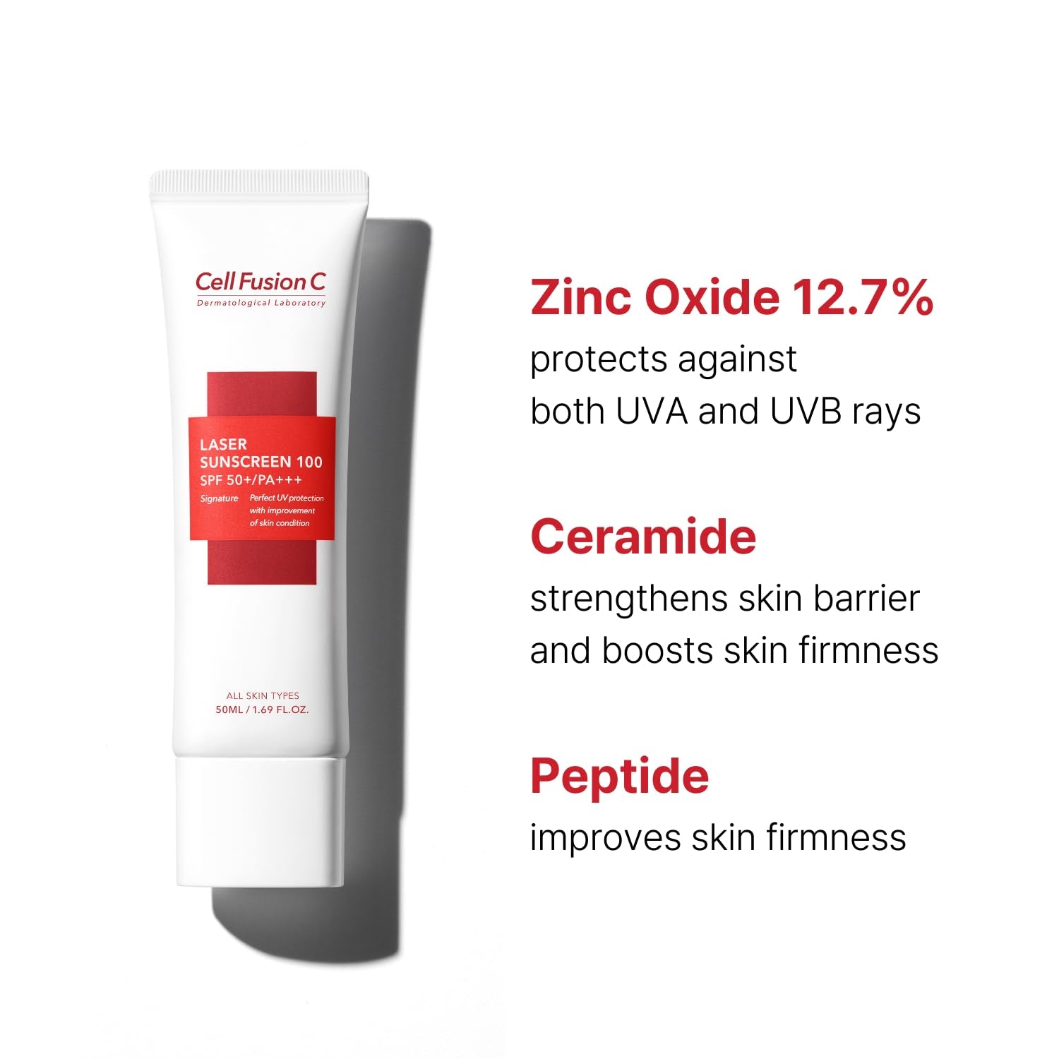 Laser Sunscreen SPF 50 - Lightweight, Non-Greasy Korean Sunscreen for Sensitive and Acne-Prone Skin with Ceramide and Collagen, Water Resistant, 50ml / 1.69 fl. oz.