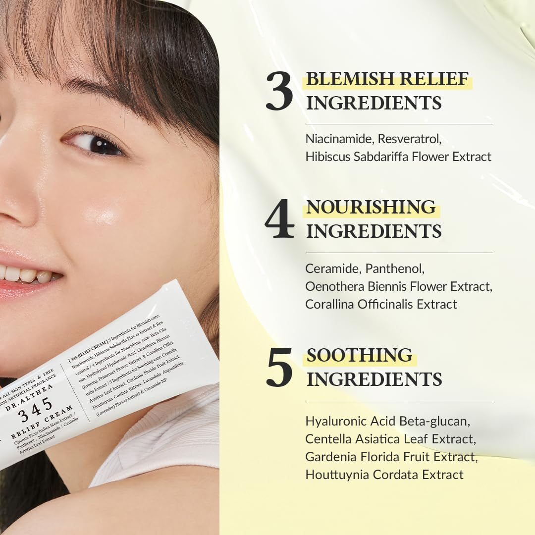 Say goodbye to blemishes with Dr. Althea 345 Relief Cream! 🌿✨ This daily moisturizer soothes and hydrates all skin types with the power of Niacinamide and Panthenol. Vegan, effective, and perfect for your skincare routine! #KoreanSkincare #BlemishCare #VeganBeauty
