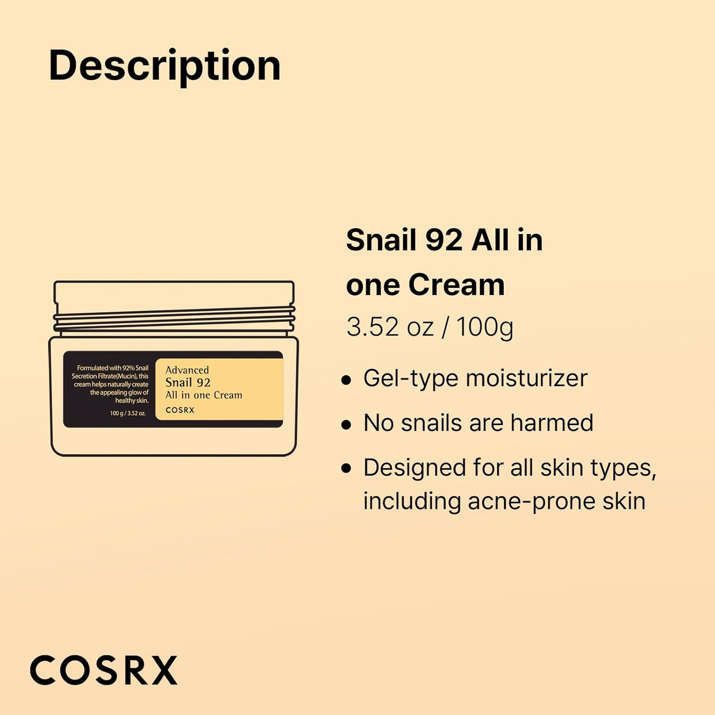 Snail Mucin 92% Moisturizing Cream - 3.52 Oz Lightweight Hydrating Formula for Radiant Skin, Korean Skincare Solution