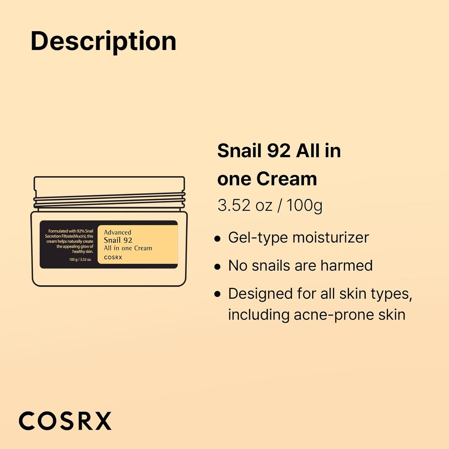 Snail Mucin 92% Moisturizing Cream - 3.52 Oz Lightweight Hydrating Formula for Radiant Skin, Korean Skincare Solution