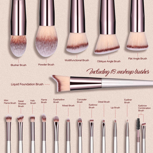 Premium 18-Piece Synthetic Makeup Brush Set with Black Case for Foundation, Powder, Concealers, Eye Shadows, and Blush