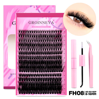 DIY Individual Lash Extension Kit - Complete Set with Cluster Mix Eyelashes, Lash Bond, and Seal for At-Home Application