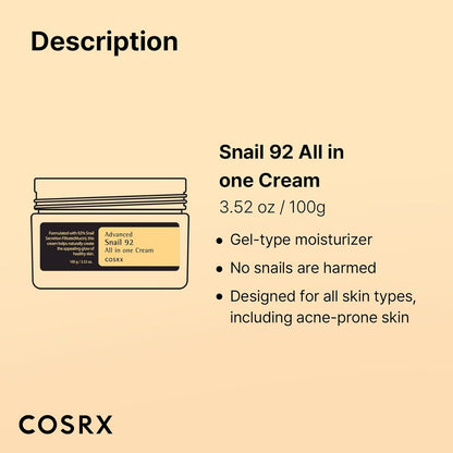 Snail Mucin 92% Moisturizing Cream - 3.52 Oz Lightweight Hydrating Formula for Radiant Skin, Korean Skincare Solution
