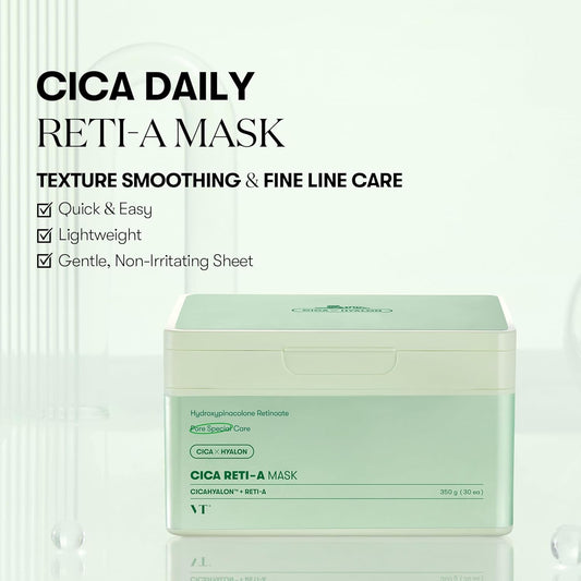 CICA Reti-A Daily Facial Mask - 30 Sheets, Retinol Complex for Pore Minimization, Skin Softening, and Hydration, Ideal for Retinol Beginners, Premium Korean Skincare Solution